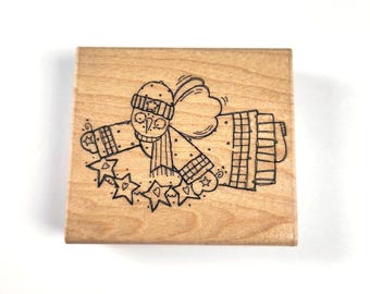 Rare 90s Christmas Snowy Angel Mounted Rubber Stamp by JRL Design Q269 Lightly Used