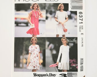 Uncut McCall's Pattern 6371 Misses' Dresses, Semi-Fitted, French Darts, Back Zipper, Circular Flounce, Size 14, 16, 18, Sewing Pattern