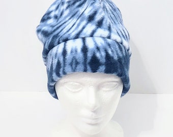 Navy Blue And White Tie Dye Fleece Beanie Hat With Extra Warmth Band | Winter Hat | Gift For Her | Gift For Him | Unisex Gift |  Unique Gift