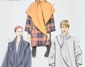 Veste portefeuille non coupée Very Easy Vogue V8930, Coupe très ample, Ourlet arrondi, Poches, Tailles 16 18 20 22 24 26, Patron de couture