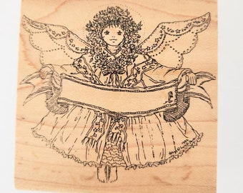 Vintage Angel Banner Hampton Art Stamp, Unused Wood Mounted Rubber Stamp, By Lynn Norton Parker, Card Making, Craft Supply, Christmas Craft