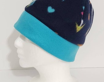 Size Medium Navy Blue And Turquoise Fleece Beanie Hat With Double Band For Warmth, Gift For Her, Gift For Women, Unique Gift For Mom