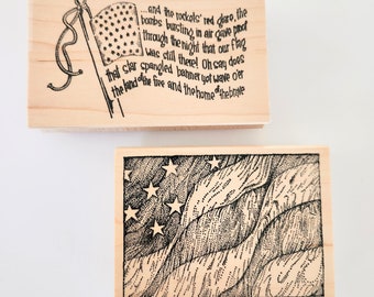 RARE Patriotic Wood Mounted Rubber Stamps, Auntie Amy's, And B & J's Art Stamps, Star Spangled Banner, Patriotic Flags, Judy Duke Artwork