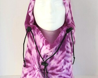 Tie Dye Purple Fleece Balaclava, Adjustable Winter Hood, Unisex Face Warmer