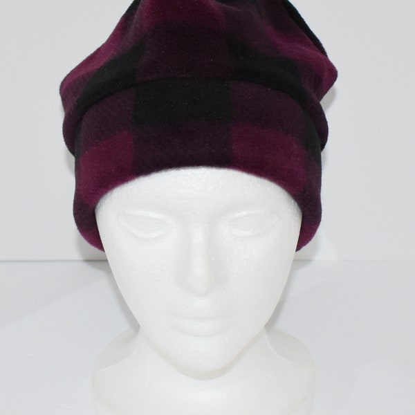 Wine And Black Buffalo Plaid Fleece Beanie Hat With Extra Warmth Band, Gift For Her, Gift For Him, Unisex Gift, Soft Hat, Gift For Mom