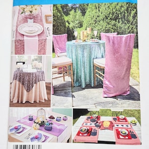 May include: Simplicity sewing pattern 8066 featuring table settings. The image shows various table settings with sequined tablecloths, chair covers, and placemats. The pattern includes instructions for creating different table decor.