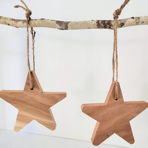 Wood Star Ornaments Set Of Two Stars |Natural Cedar Wood With Jute Twine For Hanging | Patriotic Decor | Rustic Wood Star | Large Gift Tags