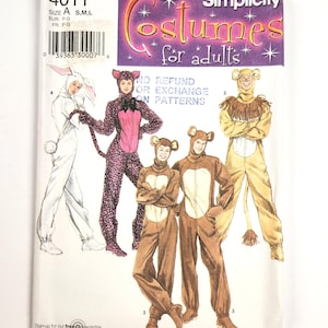 May include: A Simplicity 4011 sewing pattern envelope for adult costumes in sizes S, M, and L. The cover features illustrations of five individuals wearing animal-themed jumpsuits, including a white rabbit, a pink and black leopard, and three bears.