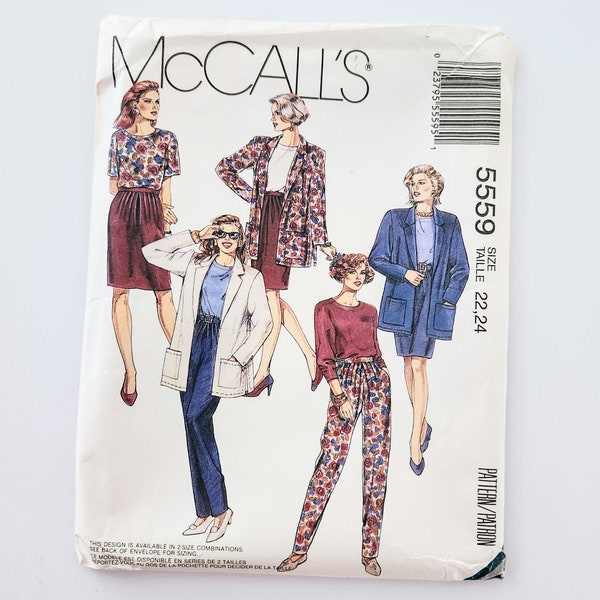 Uncut McCall's 5559 Misses Unlined Jacket, Top, Skirt And Pants | Very Loose Fitting Unlined Jacket | Sizes 22, 24 | Vintage Sewing Pattern
