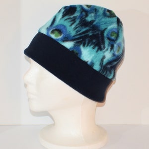 Peacock & Navy Blue Fleece Beanie Hat With Extra Warmth Band, Turquoise Hat, Gift For Her, Gift For Him, Winter Hat, Unique Handmade Gift