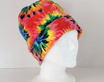 Tie Dye Print Fleece Beanie Hat Double Band For Warmth, Fun Hat, Gift For Him, Gift For Her, Unisex Gift, Winter Hat, Gift For Mom