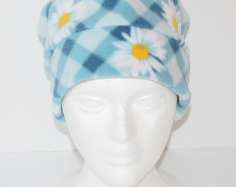 Size Large Blue Daisy Fleece Beanie Hat With Extra Warmth Band, Soft Hat, Women's Gift, Gift For Her, Gift For Women, Winter Hat