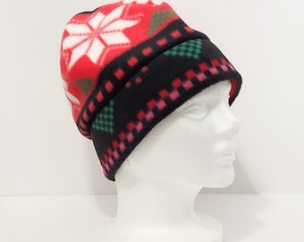 Winter Print Fleece Beanie Hat Double Band For Warmth, Snowflake Hat, Holiday Hat, Gift For Him, Gift For Her, Unisex Gift, Winter Hat