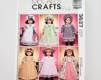 Uncut McCalls Crafts 3627, 18 Inch Doll Clothes, Dress, Bonnet, Nightgown, Cap, Skirt, Top, Pantaloon, Doll Clothing, Vintage Sewing Pattern