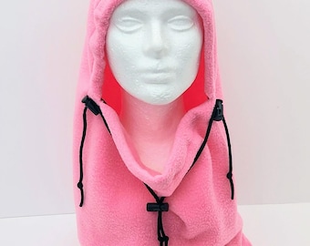 Pink Balaclava Fleece Winter Hat, Adult/Teen Unisex, Neck Warmer Gaiter, Unique Handmade Valentines Gift