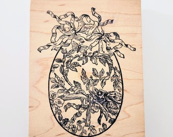 Egg With Dogwood, Butterfly And Ribbon, Magenta Wood Mounted Rubber Stamp, Easter Egg Rubber Stamp, Cardmaking