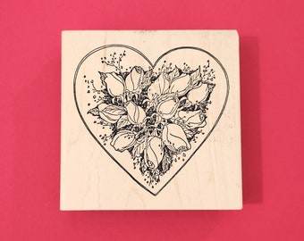 RARE Roses within a Heart Wood Mounted Rubber Stamp Rosebud Rubber Stamps K043, Valentines Stamp, Cardmaking, Craft Supply, Vintage Stamp