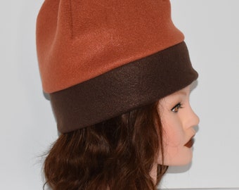 Rust And Dark Brown Fleece Beanie Hat With Double Band For Warmth, Unisex Gift, Gift For Him, Gift For Her, Winter Hat, Unique Gift