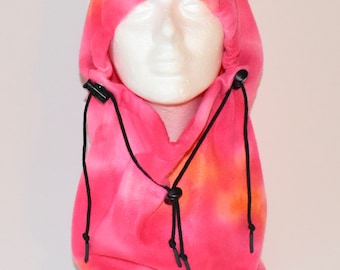 Pink And Orange Tie Dye Balaclava Fleece Winter Hat, Neck Gaiter, Neck Warmer, Unique Handmade Gift