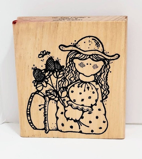 Vintage Hook's Lines & Inkers Wood Mounted Rubber Stamp Lexie 024, Girl  With Hat, Sunflowers and Bee, by Dianne J Hook, Craft Supply 