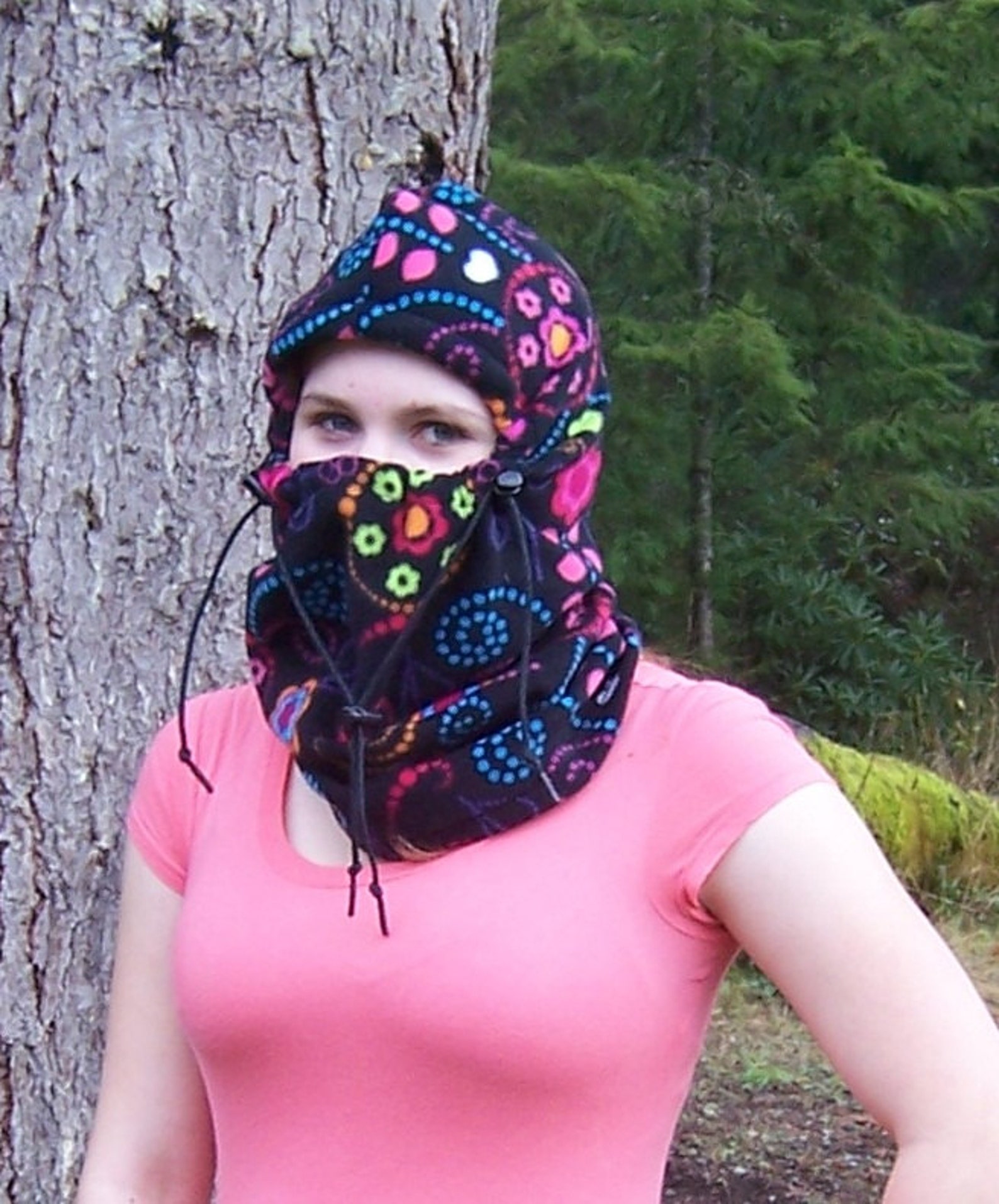 Black and Dark Pink Balaclava Fleece Hat Flowers Hearts Etsy