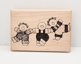 Vintage Rubber Stamp Big Kids U 106 DOTS, Wood Mounted Rubber Stamp, Three Kids Holding Hands, Scrapbooking, Card Making, Craft Supply