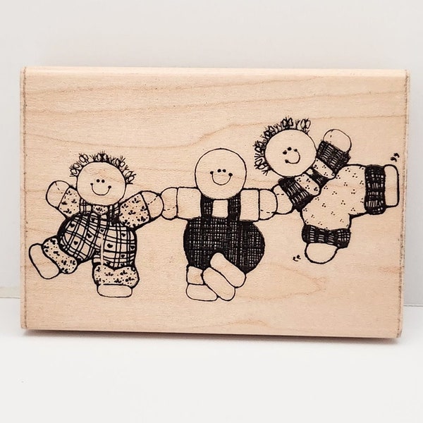 Vintage Rubber Stamp Big Kids U 106 DOTS, Wood Mounted Rubber Stamp, Three Kids Holding Hands, Scrapbooking, Card Making, Craft Supply