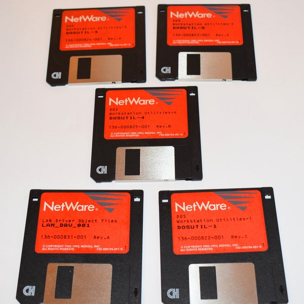 NOVELL NetWare 3.5" Floppy Disks, Computer Disks, Art Supplies, Vintage 80's, 90's, Nerd, DIY, Tech Supplies, Mixed Media, Geekery