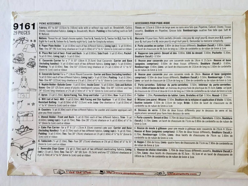 Puede incluir: Un patr&oacute;n de costura vintage para accesorios de picnic, que incluye un portaplatos de papel, manteles individuales, porta-cazuelas, servilletero, delantal, manopla, posavasos, portautensilios, portapa&ntilde;uelos para tartas, mantel y funda reversible para silla. Incluye instrucciones detalladas.