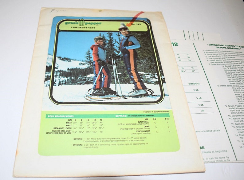 Green pepper sewing pattern number 112. Children's vest with chevron striping really cute pattern. Retro look. Child's sizes 4 6 8 10 12. Uncut pattern, master sewing pattern. Large pattern envelope.