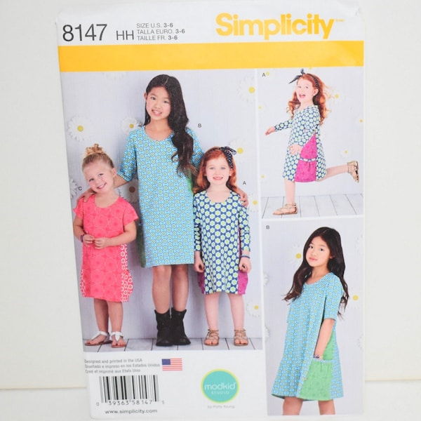 Uncut SIMPLICITY 8147 Childs' Knit Dresses, Pullover Dress, Modkid Studio, Sizes 3 4 5 6, Sewing Pattern, Childs Pattern, Girl's Pattern