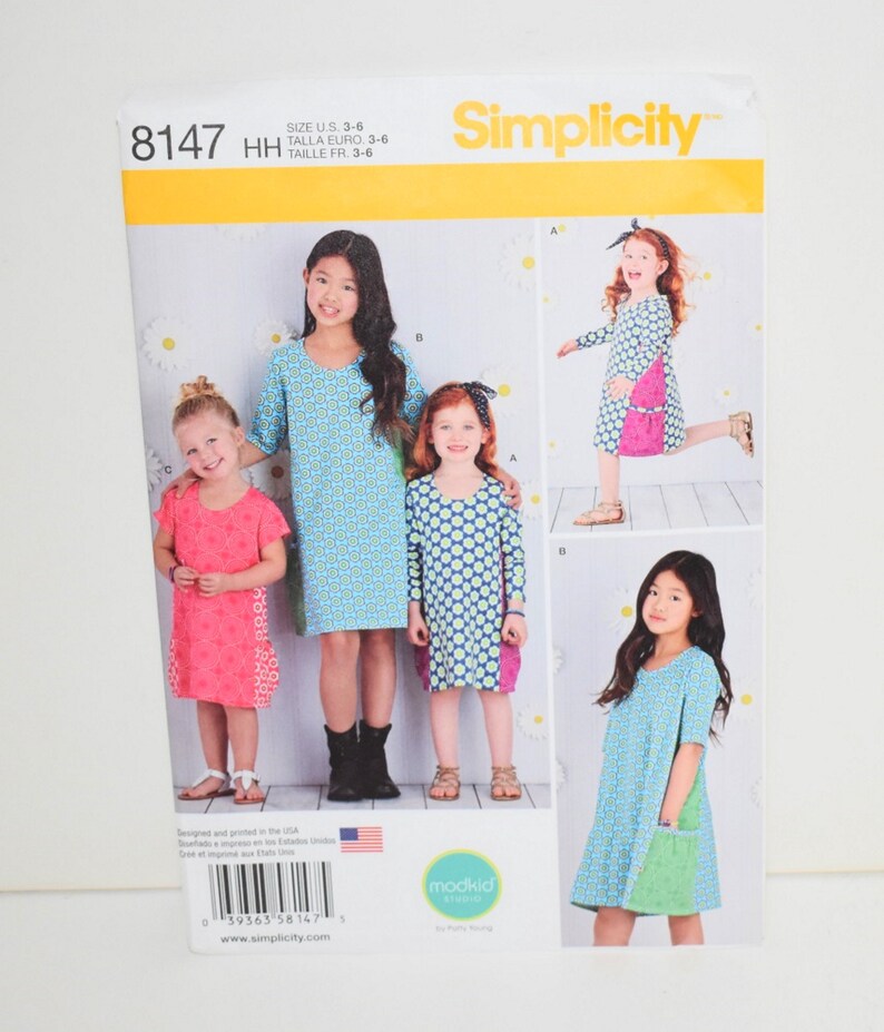 Modkid simplicity 8147 childs pattern for pullover dress. sizes 3 4 5 6. Has side pockets. for knit. Cute childs pattern