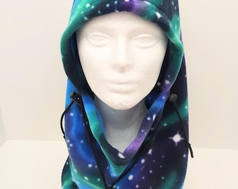Space Galaxy Cosmos Fleece Balaclava, Adjustable Hoodie Hat: Unique Adult Unisex Winter Handmade Gift, Neck Warmer Gaiter
