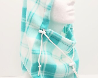 Teal Plaid Fleece Balaclava: Adjustable Winter Hooded Neck Warmer