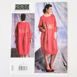 May include: A sewing pattern for a red dress with long sleeves and tie details. The pattern features a design by Koos van den Akker, a Vogue Patterns American Designer. The pattern number is V1401, and it includes sizes 8-16.