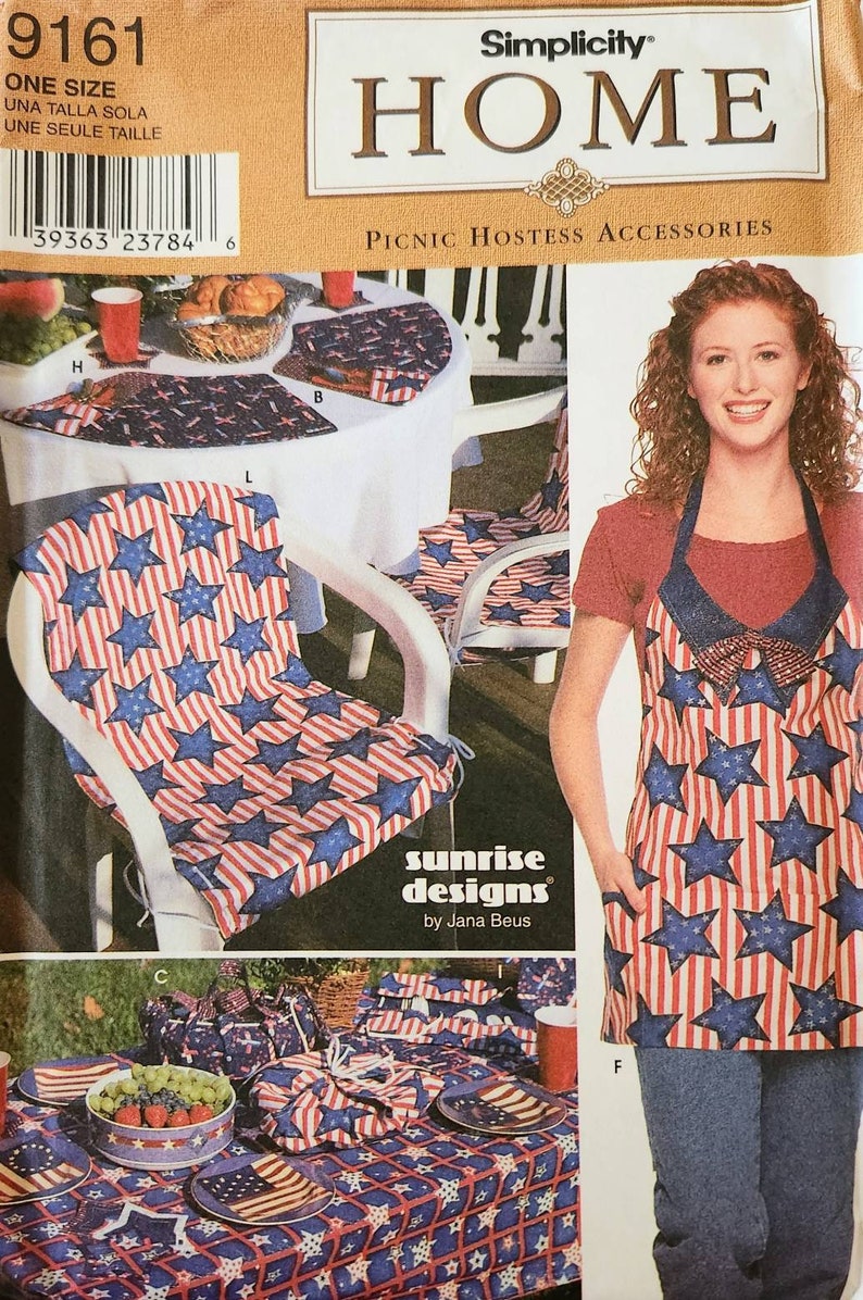Uncut Simplicity Home 9161, Picnic Accessories Apron, Place Mat, Tablecloth, Coasters, Mitt, Reversible Chair Cover, Vintage Sewing Pattern