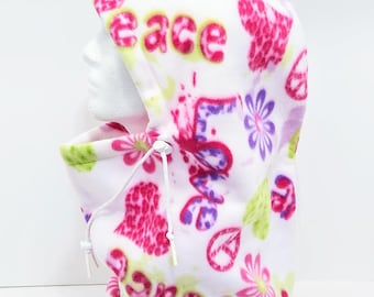 White Fleece Balaclava Winter Hat, Gift For Women, Neck Gaiter, Neck Warmer, Peace Love Heart, Unique Handmade Gift