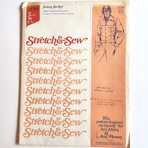 May include: A vintage Stretch & Sew sewing pattern envelope for a jeans jacket, pattern number 1785, featuring a line drawing of a jacket on the right side and the brand name repeated in orange text on a cream background with size range 36-50.