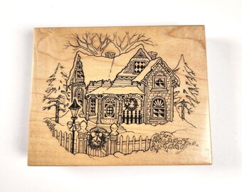Vintage PSX Victorian House At Winter Christmas Wood Mounted Rubber Stamp (K-347)