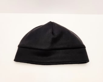 Handmade Black Fleece Beanie, Double Band Winter Hat