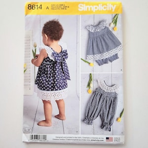 Uncut Simplicity 8614 Babies&#39; Dress, Romper With Bow and Panties, Sizes XXS XS S M L, Sewing Pattern For Baby