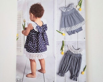 Uncut Simplicity 8614 Babies' Dress, Romper With Bow and Panties, Sizes XXS XS S M L, Sewing Pattern For Baby