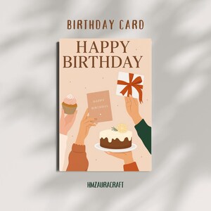 Birthday Card – Hand-Illustrated Celebration Design with Cake, Gift & Cupcake – Digital Printable Greeting for Her or Friend