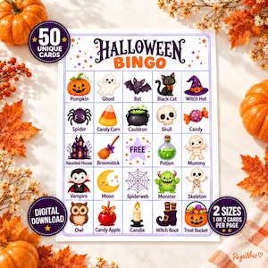 Peut inclure: Une carte de jeu de bingo d'Halloween avec une grille 5x5 d'illustrations colorées comprenant une citrouille, un fantôme, une chauve-souris, un chat noir, un chapeau de sorcière, une araignée, un bonbon maïs, un chaudron, un crâne, un bonbon, une maison hantée, un balai, une potion, une momie, un vampire, une lune, une toile d'araignée, un monstre, un squelette, un hibou, une pomme d'amour, une bougie, une botte de sorcière et un seau à friandises.