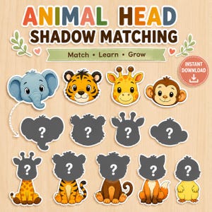 Op de afbeelding: Een kleurrijk educatief spel met dierenkoppen en bijpassende schaduwen. De tekst "ANIMAL HEAD SHADOW MATCHING" staat bovenaan. Het spel bevat een olifant, tijger, giraffe, aap en andere dieren. De woorden "Match, Learn, Grow" zijn ook aanwezig.