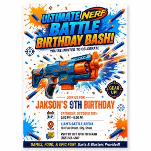 Mall för Nerf-födelsedagsinbjudan | Redigerbar Nerf-festinbjudan | Barnfödelsedagsinbjudan | Nerf Battle-födelsedagsfest | Digital nedladdning