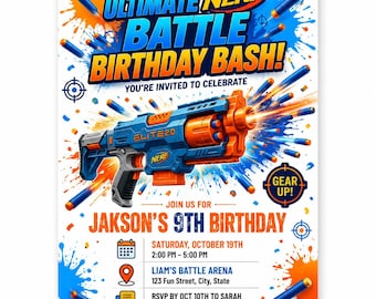 Plantilla de invitación de cumpleaños Nerf / Invitación editable para fiesta Nerf / Invitación de cumpleaños infantil / Fiesta de cumpleaños con batalla Nerf / Descarga digital