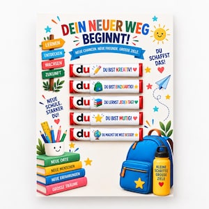 May include: A colorful poster titled DEIN NEUER WEG BEGINNT! featuring five chocolate bars labeled with encouraging German phrases, a stack of books labeled with new experiences, a blue backpack, a yellow water bottle, and school supply illustrations.