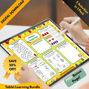 May include: A tablet screen showing a children's activity sheet with the title "Hammy's Snack Time." The sheet features mazes, counting, and colouring exercises. Text includes "Digital Download" and "Tablet Learning Bundle." A stylus is used.
