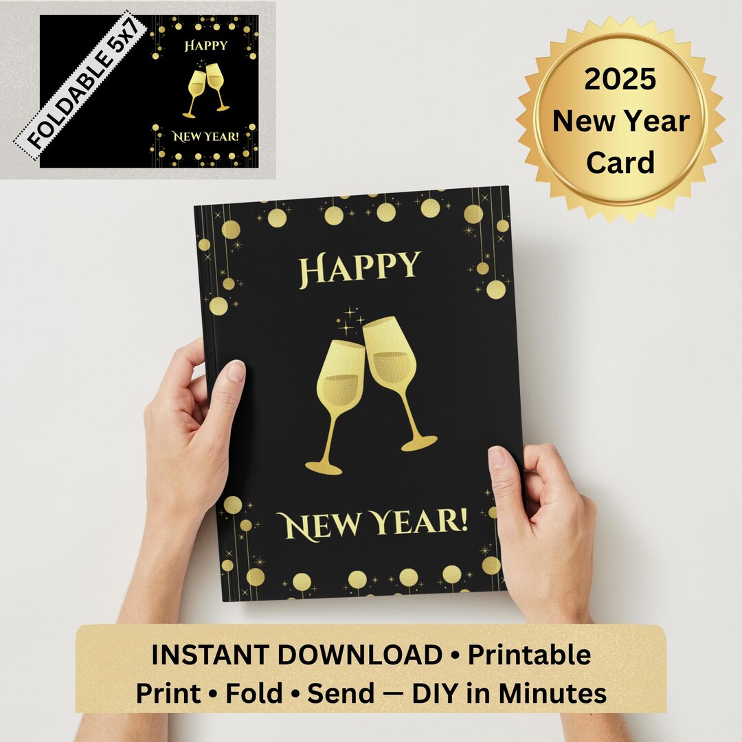 New Year Card 2025 Printable Card | Folded to 5x7 | Black & Gold ...